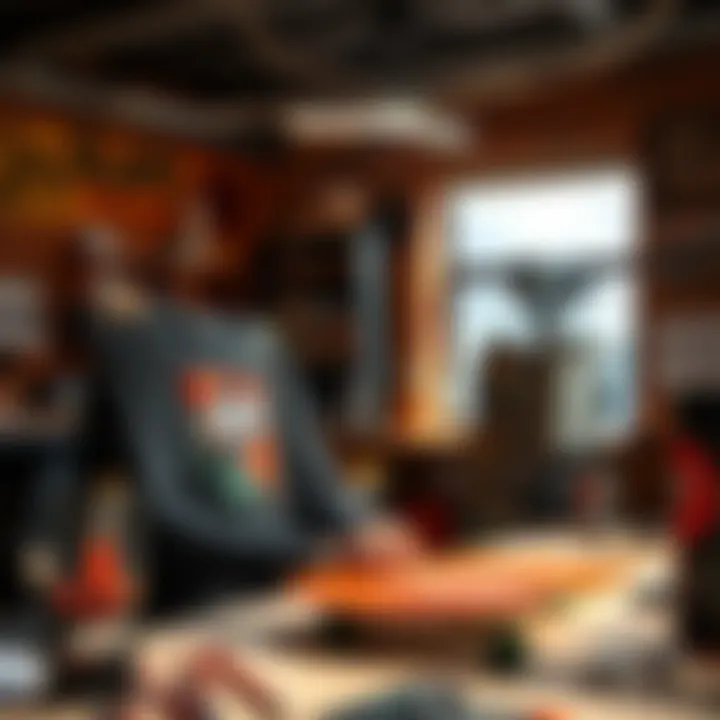 An artist creating graphic designs for skate shirts in a vibrant studio