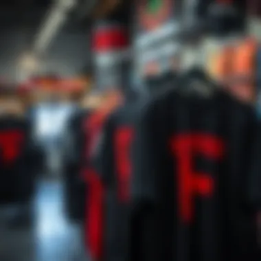 A collection of black and red graphic shirts displayed on hangers in a trendy skate shop