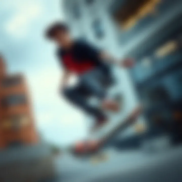 A skateboarder wearing a black and red graphic shirt performing a trick in an urban setting