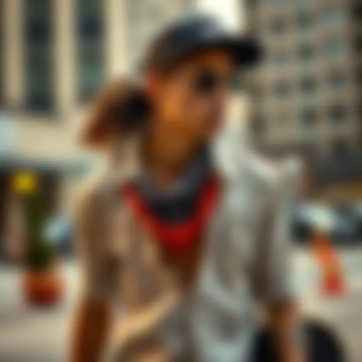 Skateboarder in Bandana Button Down Shirt A skateboarder wearing a bandana button down shirt in an urban setting