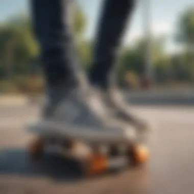 Close-up of Adidas skate shoes on a skateboard