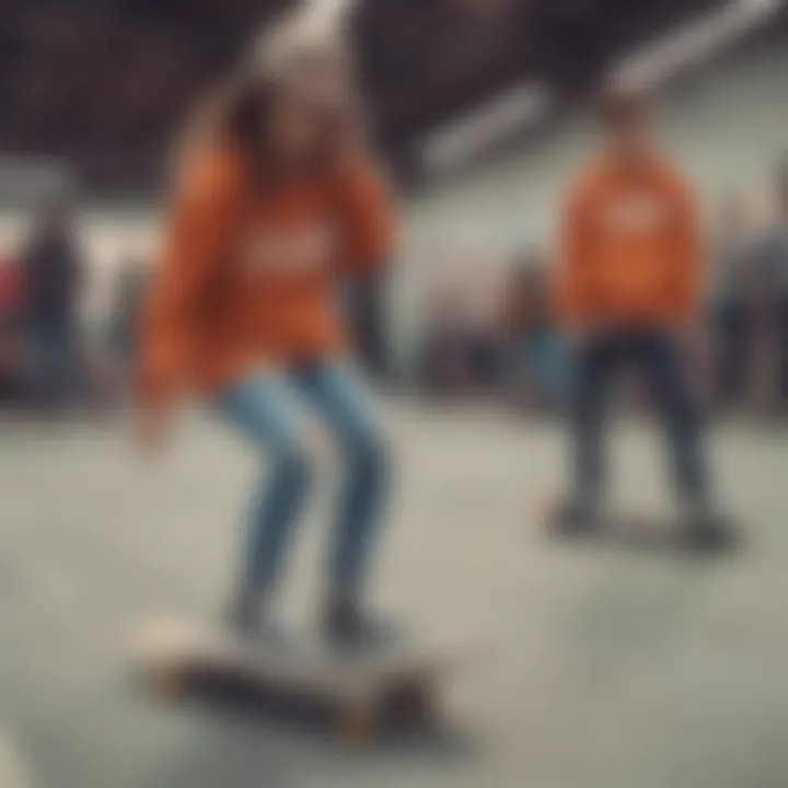 A group of skaters at a skate park, showcasing their unique fashion choices