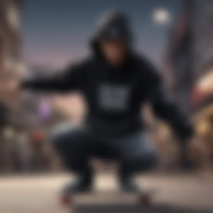 A stylish black dream hoodie worn by a skateboarder performing a trick