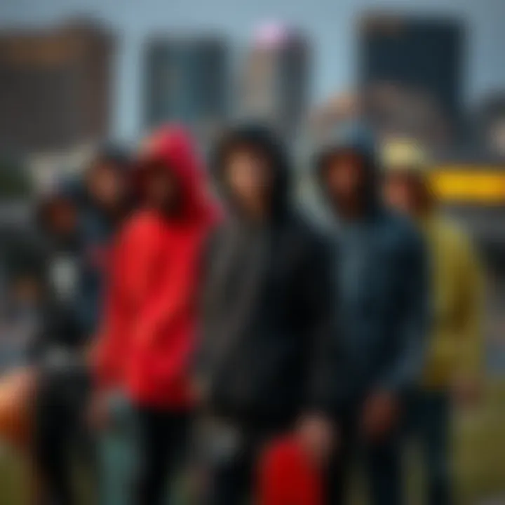 Group of skaters showcasing different styles of hoodies