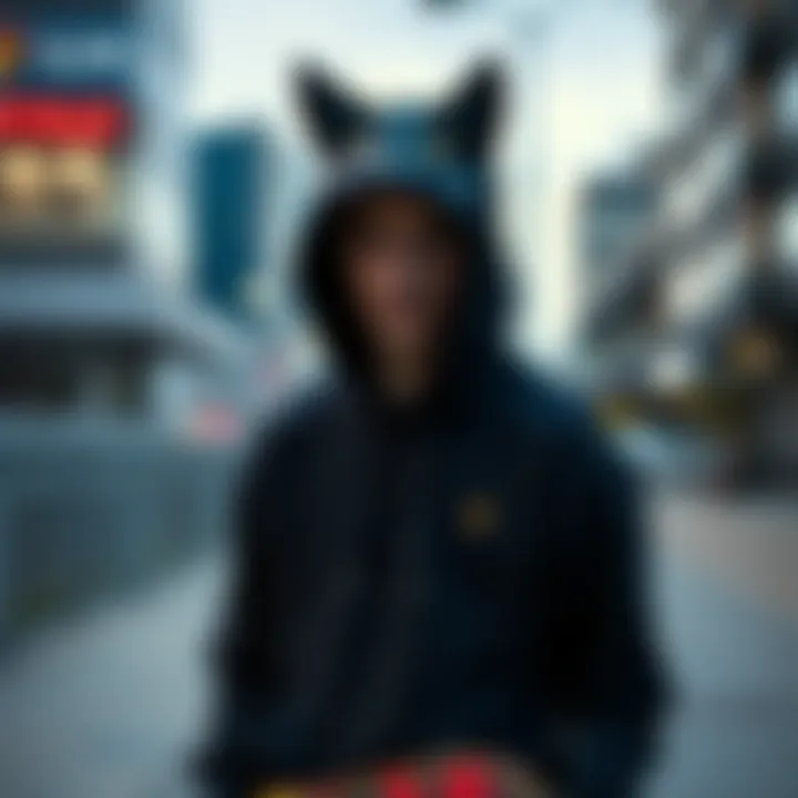 A skateboarder wearing the black fox hoodie in an urban setting
