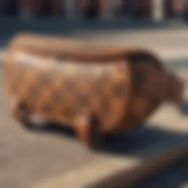 A close-up of a brown checkered fanny pack on a skateboard deck, showcasing its design and texture.