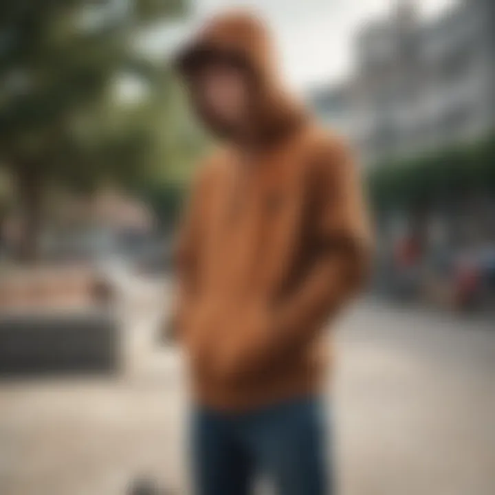 A skateboarder wearing the Champion corduroy hoodie in an urban skate park setting.