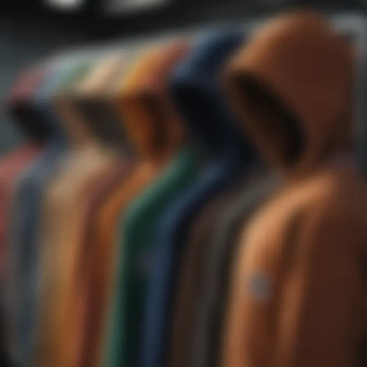 A collection of Champion corduroy hoodies in various colors displayed on a rack.