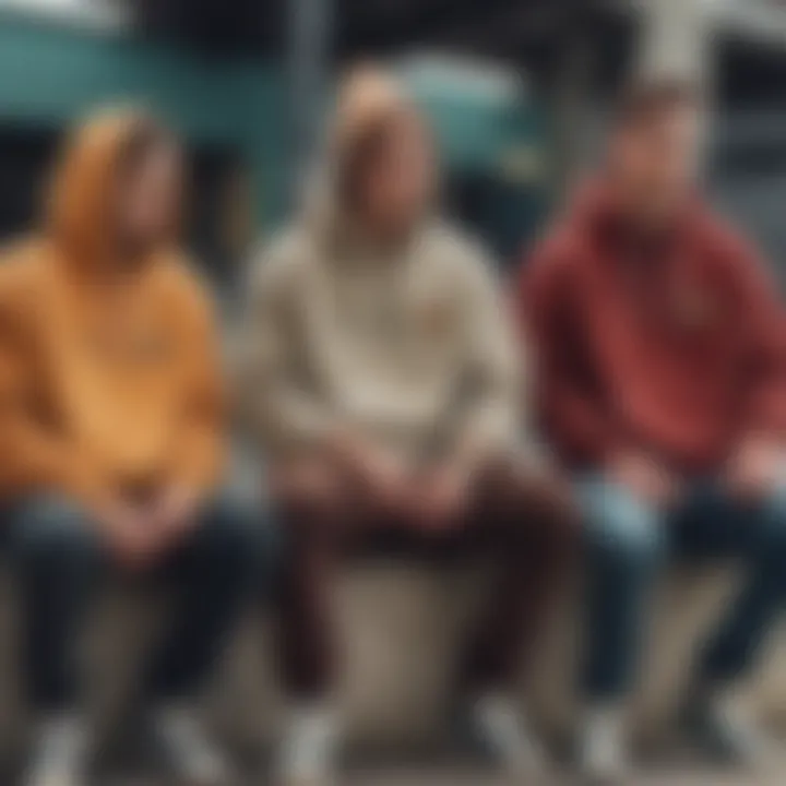 A group of skaters lounging in a skate park, all donning different styles of the Champion corduroy hoodie.