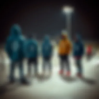Group of skateboarders wearing diamond hoodies at a skatepark