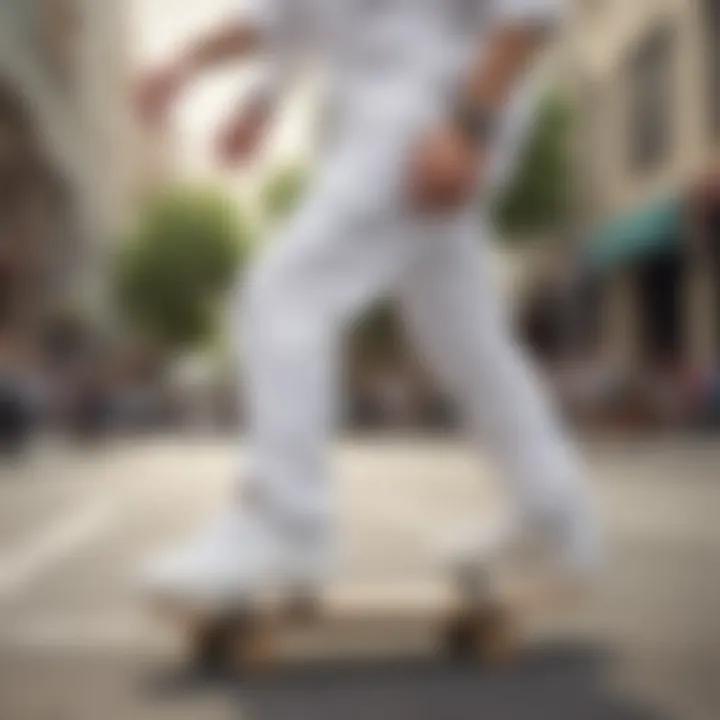 Skateboarder showcasing a white Vans belt while performing a trick