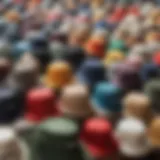 Close-up of a variety of bucket hats showcasing different materials