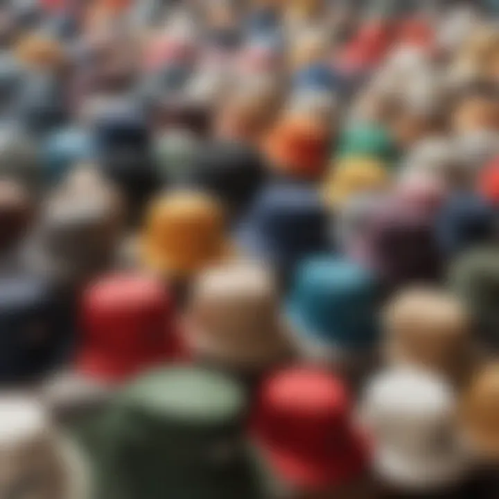 Close-up of a variety of bucket hats showcasing different materials