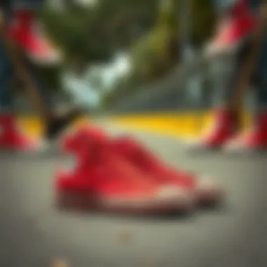 A collection of red hi-top Chucks in different environments