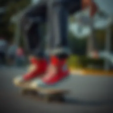 A skateboarder performing a trick while wearing red hi-top Chucks