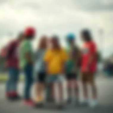 A group of skaters sharing a moment in colorful clothing