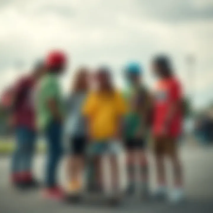 A group of skaters sharing a moment in colorful clothing