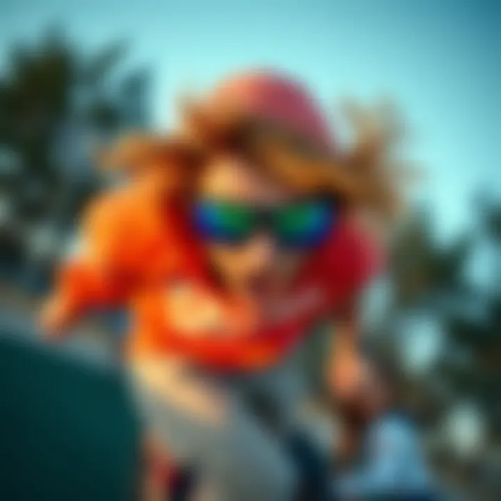 Skateboarder in Action with Sport Shades A vibrant skateboarder wearing stylish sport shades during a trick