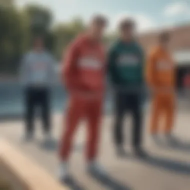 Tracksuits at Urban Skate Park An urban skate park filled with diverse individuals wearing stylish tracksuits, representing the cultural blend.