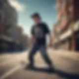 Skateboarder wearing System of a Down t-shirt in an urban setting