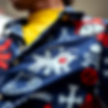 Close-Up of Haring-Inspired Design Elements A close-up of design elements on a button-up shirt showcasing Keith Haring's signature motifs.