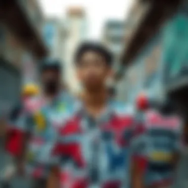 Urban Setting with Haring-Inspired Fashion A stylish urban setting showcasing individuals wearing button-up shirts influenced by Keith Haring's artistry.