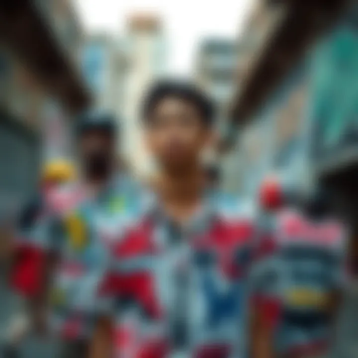 Urban Setting with Haring-Inspired Fashion A stylish urban setting showcasing individuals wearing button-up shirts influenced by Keith Haring's artistry.