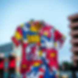 A vibrant button-up shirt inspired by Keith Haring's artwork featuring bold colors and dynamic patterns.