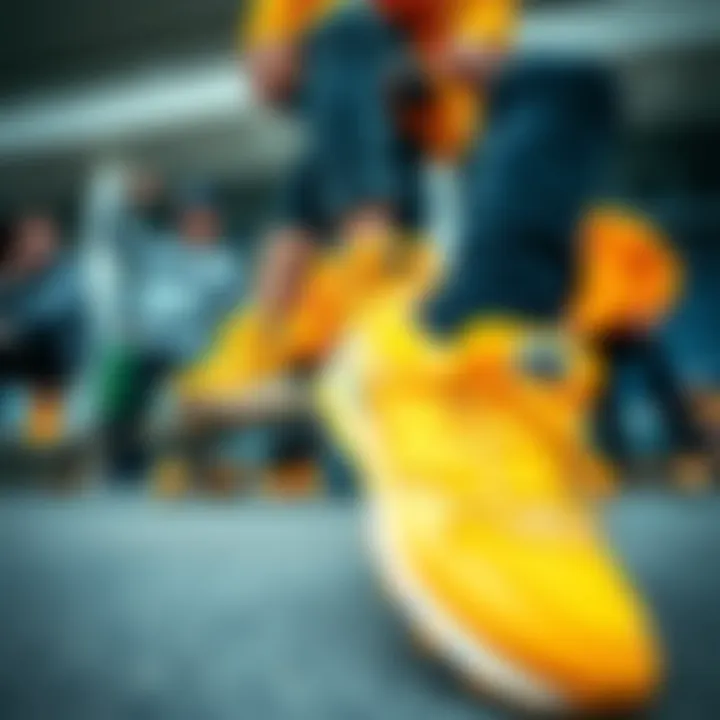 Group of skaters showcasing their unique styles with yellow New Balance shoes