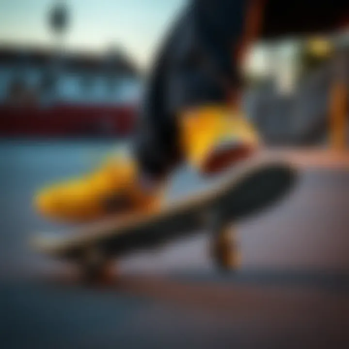 Skater performing a trick while wearing yellow New Balance shoes