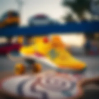 Vibrant yellow New Balance skate shoes on a skateboard