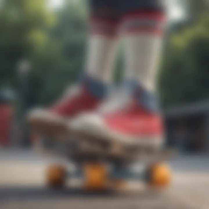 A close-up of Champion high socks paired with skate shoes on a skateboard.