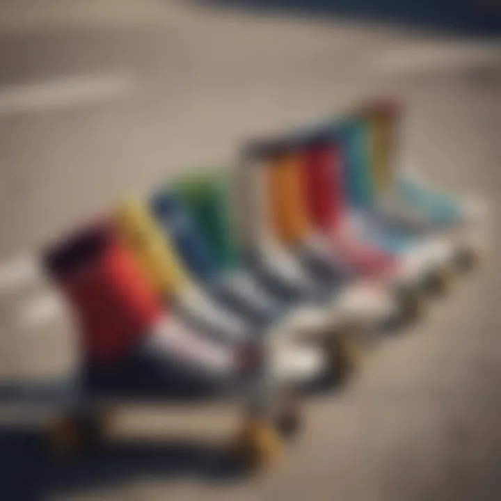 A collection of Champion high socks in various colors laid out on a skateboard.