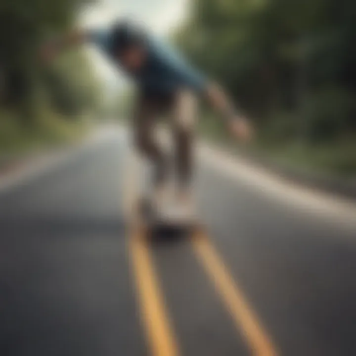 Action shot of a rider navigating a curve on a drop down longboard, illustrating technical riding skills.