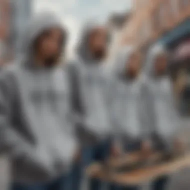 Group of skateboarders in urban setting, highlighting individual styles with grey hoodies