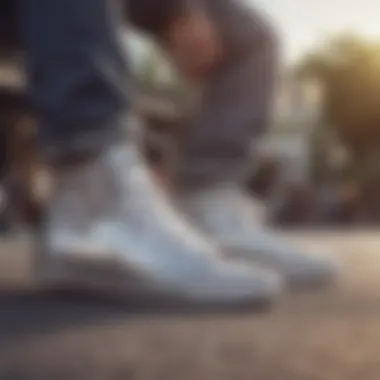 A group of skateboarders showcasing their silver Converse high tops