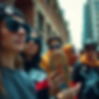 Group of skaters showcasing their black sunglasses in an urban environment