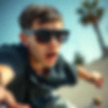 Close-up of a skater wearing black sunglasses while performing a trick