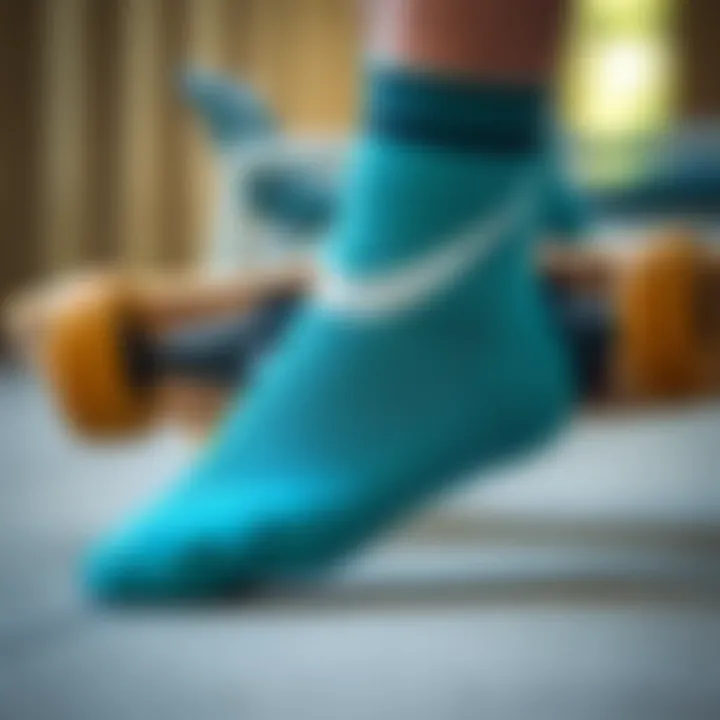 Detail of Teal Nike Socks with Skateboard Close-up of teal Nike socks with skateboard deck in background