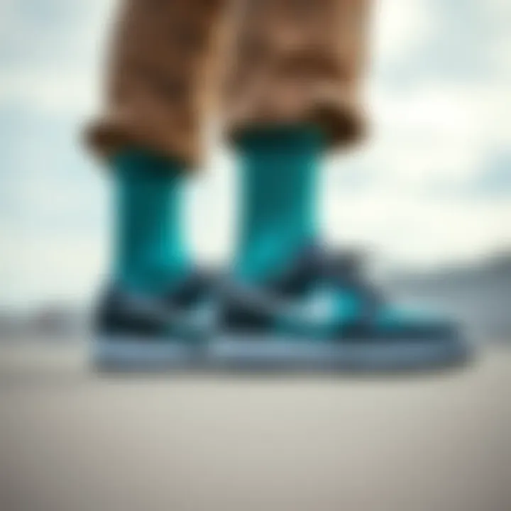 Teal Nike Socks Styled with Skate Streetwear Teal Nike socks styled with streetwear in a skate-themed outfit