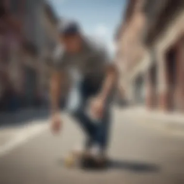 A skateboarder wearing a striped t-shirt in an urban setting