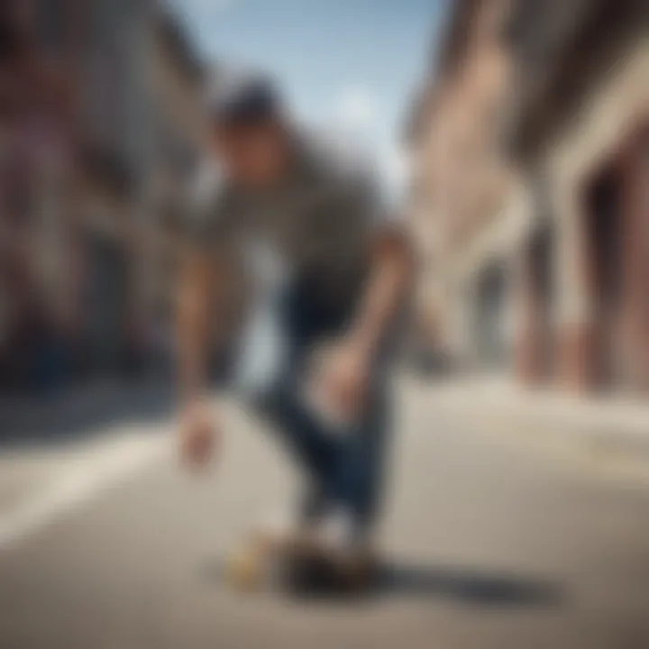 A skateboarder wearing a striped t-shirt in an urban setting