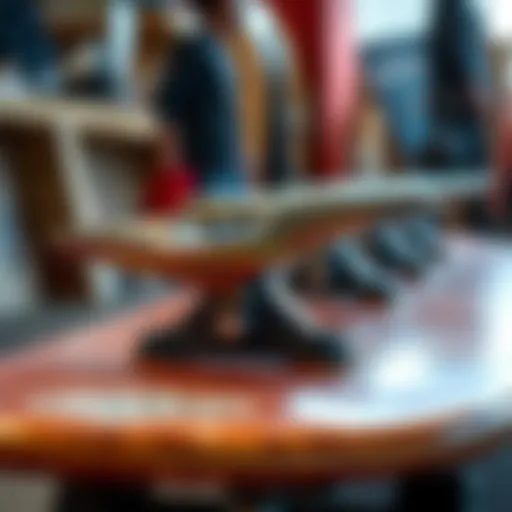 A close-up view of surf trucks on a skateboard showcasing unique design features.