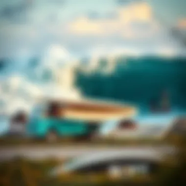 Cultural Fusion of Surf and Skate An artistic shot of surf trucks against a backdrop of waves and skate parks, illustrating cultural fusion.