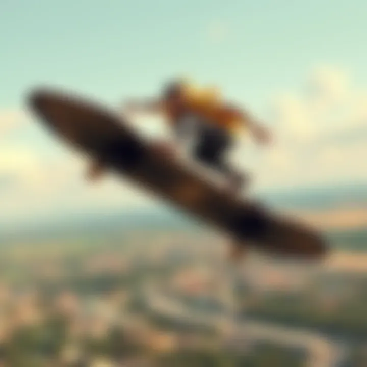 Futuristic Aerial Adventure Futuristic flying skateboard in mid-air