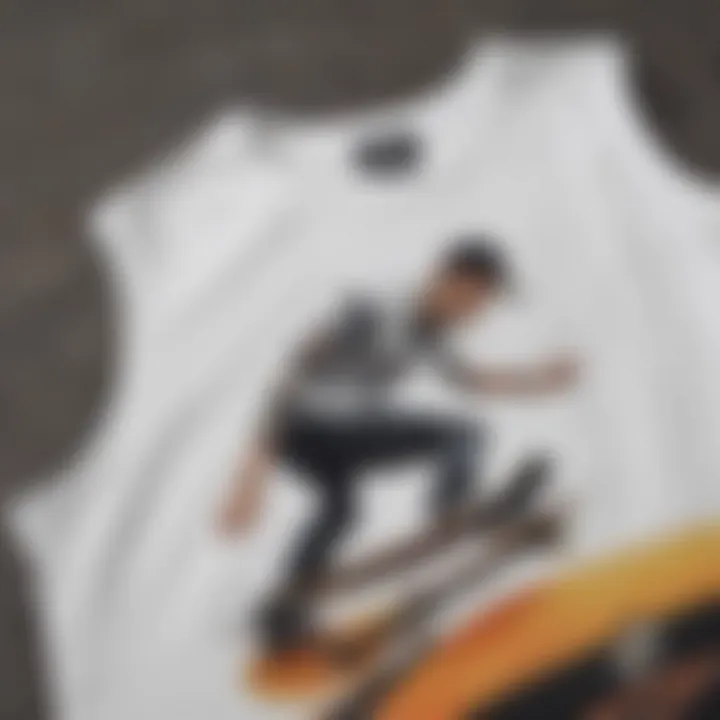 Close-up of a white sleeveless tee shirt with skateboarding graphics