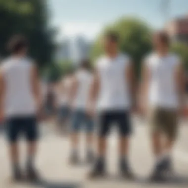 Group of skaters showcasing different styles featuring white sleeveless tee shirts