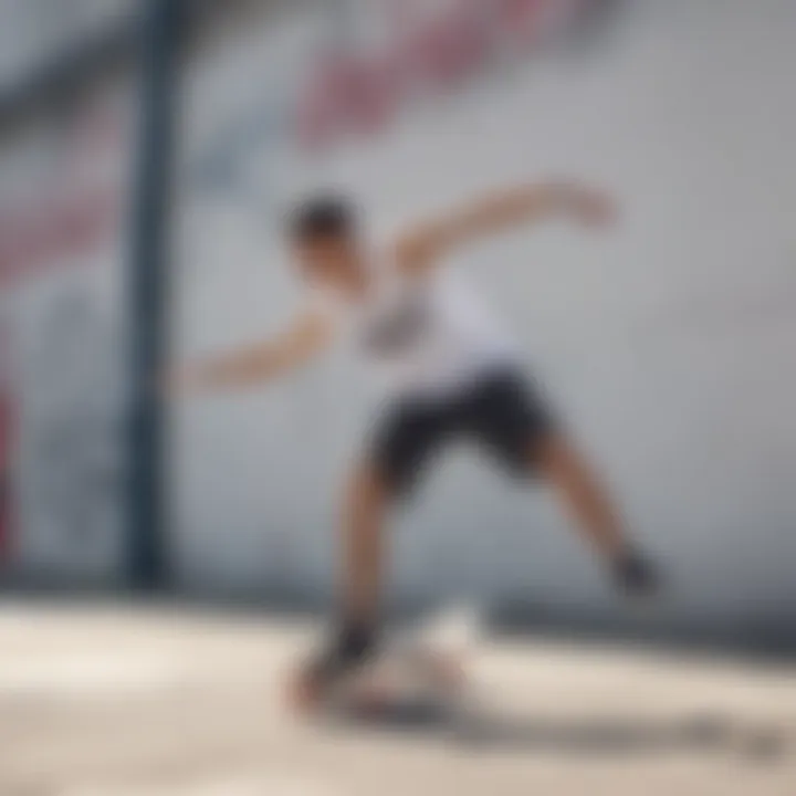 A skater performing a trick in a white sleeveless tee shirt against a graffiti backdrop