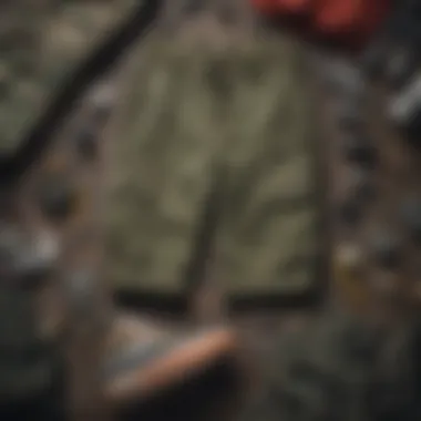 Various skateboarding gear laid out alongside woodland camo cargo pants