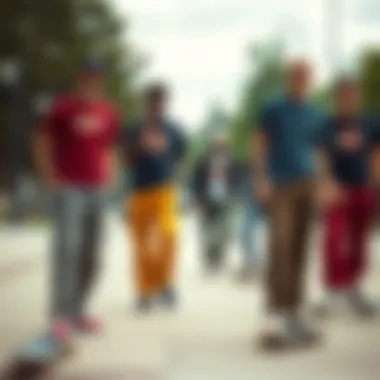 Diverse Styles of Dickies Corduroy Pants in Skate Culture A group of skateboarders in a park, highlighting diverse styles of Dickies corduroy pants